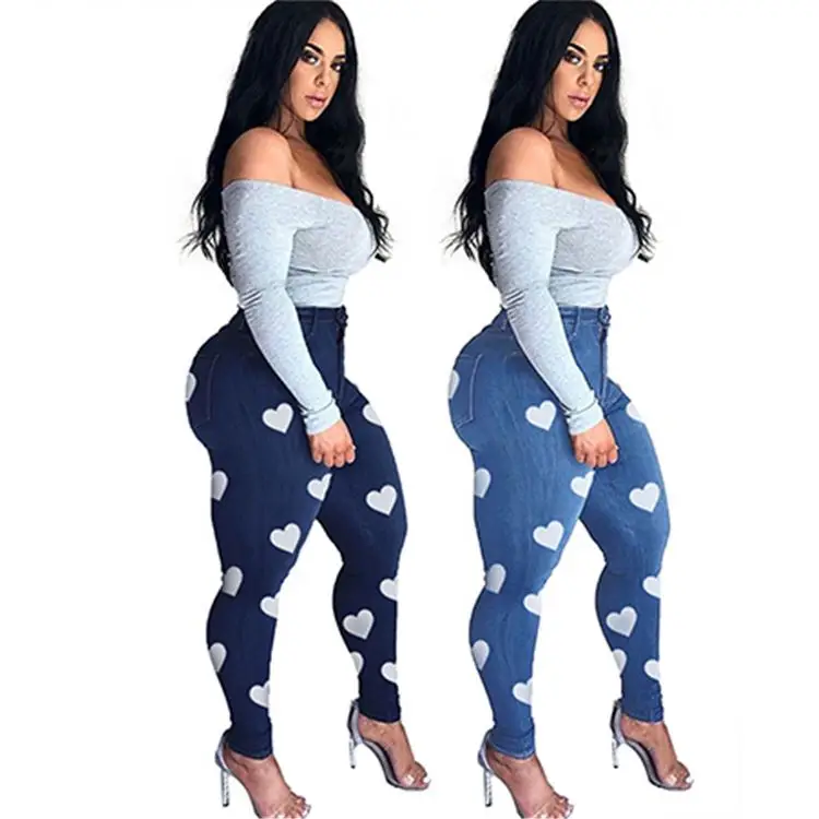 

High Waist Pencil Denim Trousers Printed Skinny Stretch Heart Shaped Plus Size Jeans Pants Women, As pictures show