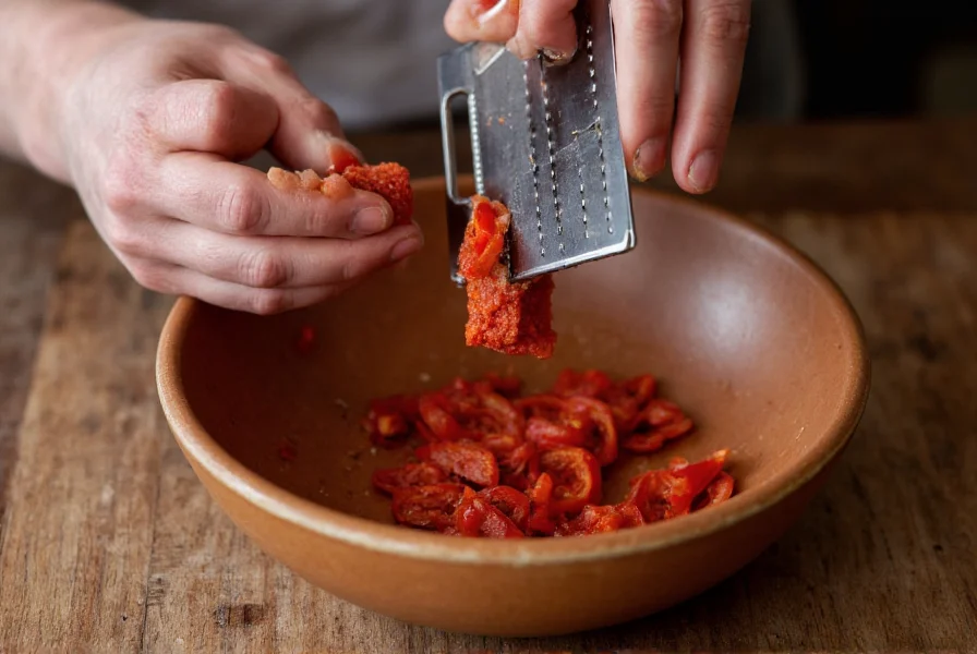 Close-up of chef shaving thin slices from a deep red chili brick using a microplane grater over a ceramic bowl