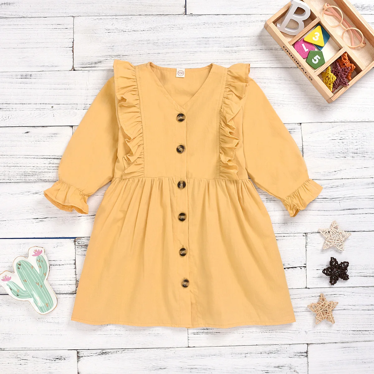 

Spring Autumn Girls Yellow Cotton Long Sleeve Single-breasted Dress