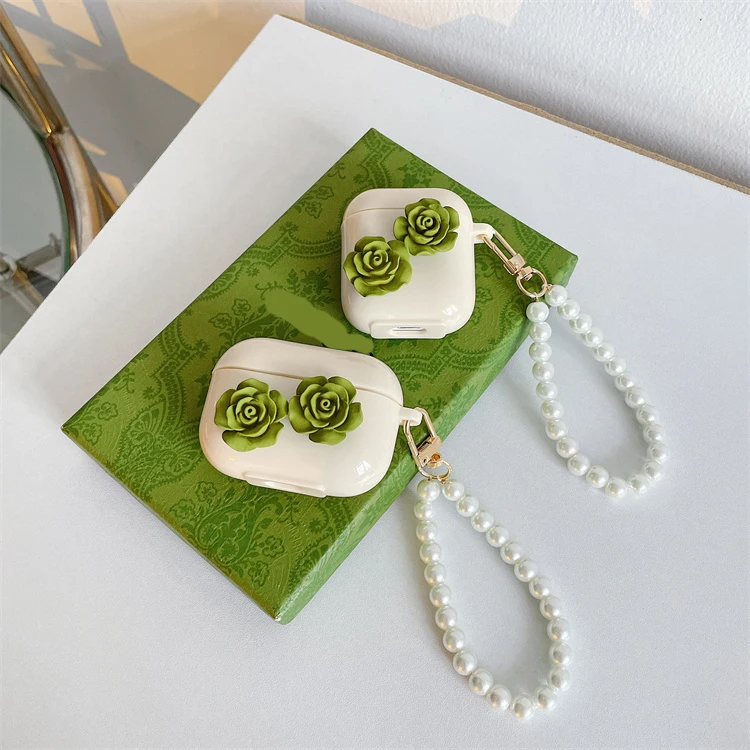 

2021 Korean Luxury Rose Flower Cute Soft Wireless Earphone Headset Cover Case with Peal Bracelet for AirPods 1 2 pro 3, Candy color style earphone cases for apple airpods