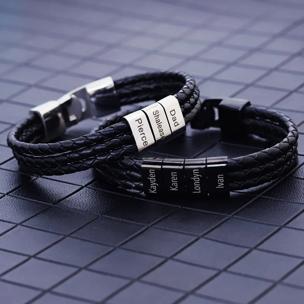 

Custom name logo Stainless Steel Multilayer Design Men fashion Bracelet Men's Gift Genuine Leather Bracelet