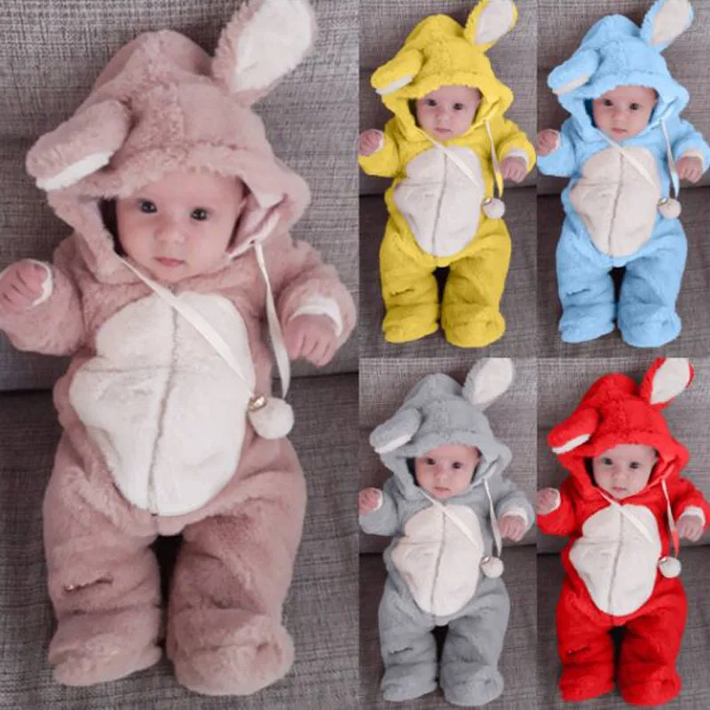 

Winter Newborn Baby Girls Cute Rabbit Ear Hooded Thick Fleece Jumpsuits Toddler Boys Warm Rompers Kids Infant Clothes, As picture