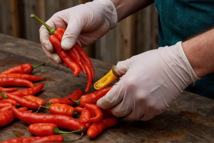 Person wearing gloves while carefully handling ghost peppers with safety equipment