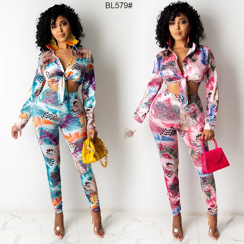 

2021 European and American women's blouse set printed shirt trousers sets