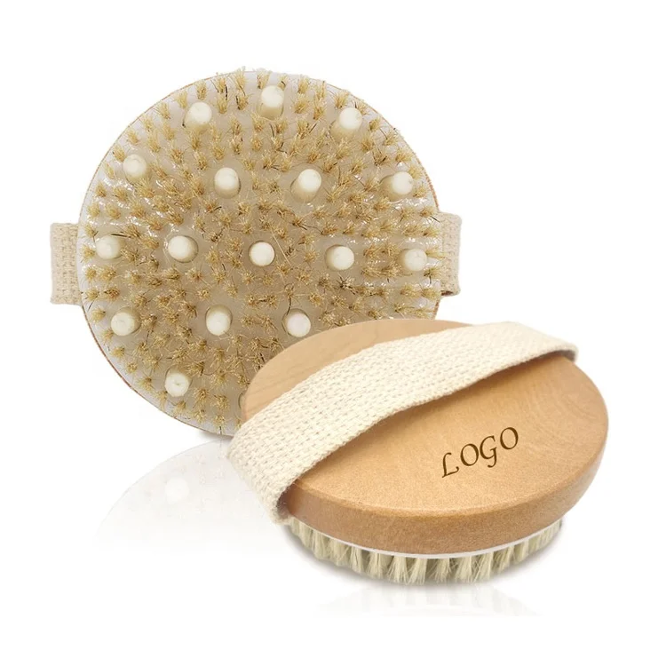 

Quick Delivery Natural Boar Bristles Round Wooden Shower Scrub Brush Massage Bath Brush Body Exfoliating Dry Brush for Cellulite