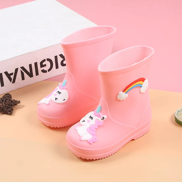 

New Rainbow Unicorn Rain Boots Kids Waterproof Baby Girls Non-slip PVC Rubber Water Shoes Children Rain boots, Blue yellow pink