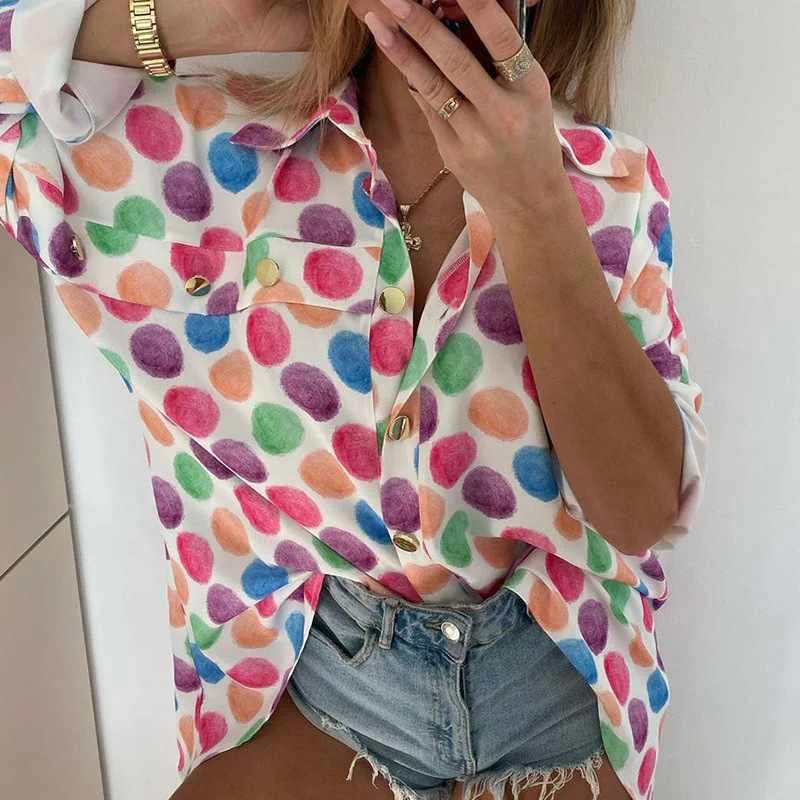 

New Summer Hot Style High Quality Women's Loose Lapel Long Sleeve Printed Shirt Top, Picture color