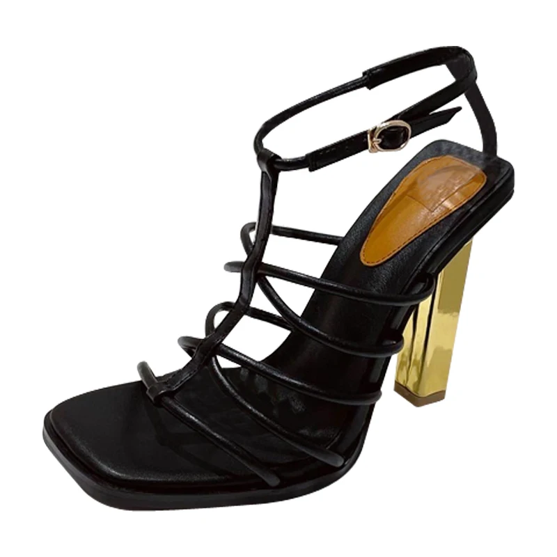 

113194 iHeeled shoes summer Rome crisscross strap metallic block high heel lady sandals square toe ankle strap buckle girl pumps
