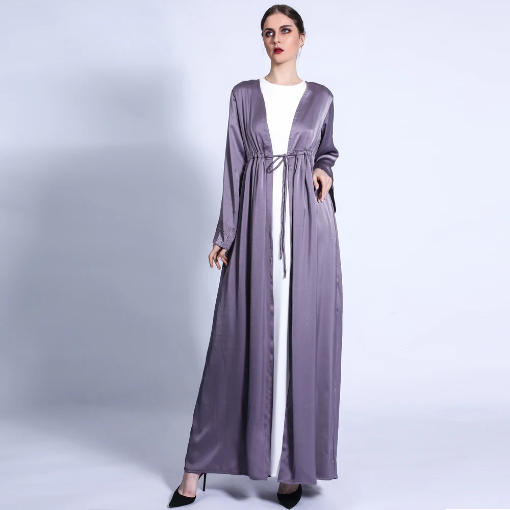 

2021 Women Islamic Clothing Muslim Dress Muslim Abayas Latest Open Silk Satin Abaya Kimono With Belt, Gray,pink,purple,black