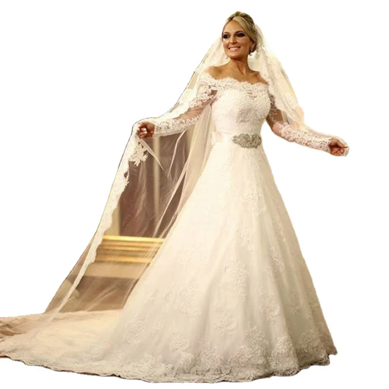 

NE115 Ivory 2020 Long Sleeve Wedding Dress Off The Shoulder Lace Wedding Gown Train Bride Dresses Robe De Mariage, Default or custom