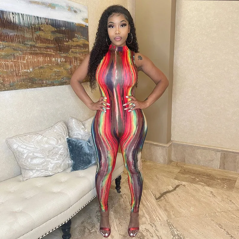 

Xuqing 2021 Wholesale new trendy summer sleeveless graphic stripe print one piece bodysuits jumpsuit for women, Photo shows