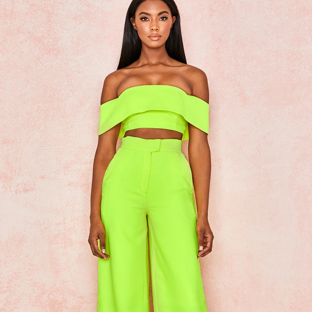 

Green Sexy Off Shoulder 2 Piece Set Women Crop Tops Long Two Piece Pants Set, Picture