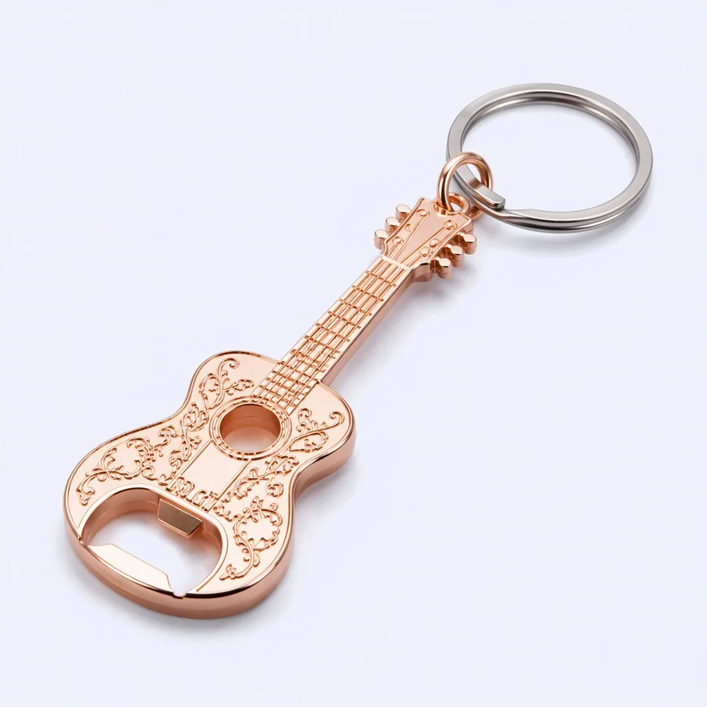 Acoustic Guitar Shaped Rose Gold Bottle Opener Keychain