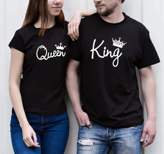 

High Quality Wholesale Clothing King and Queen Hand Write T-Shirts Couple Matching Short Sleeve Crew T Shirts, Stock color /custom color