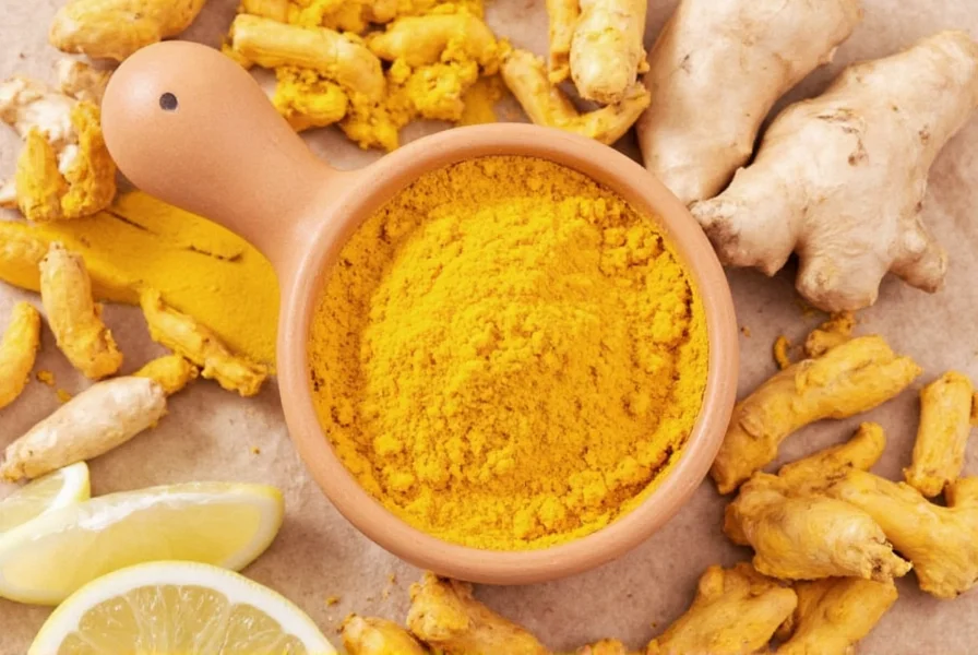 Turmeric root and powder with molecular structure of curcumin showing chemical composition