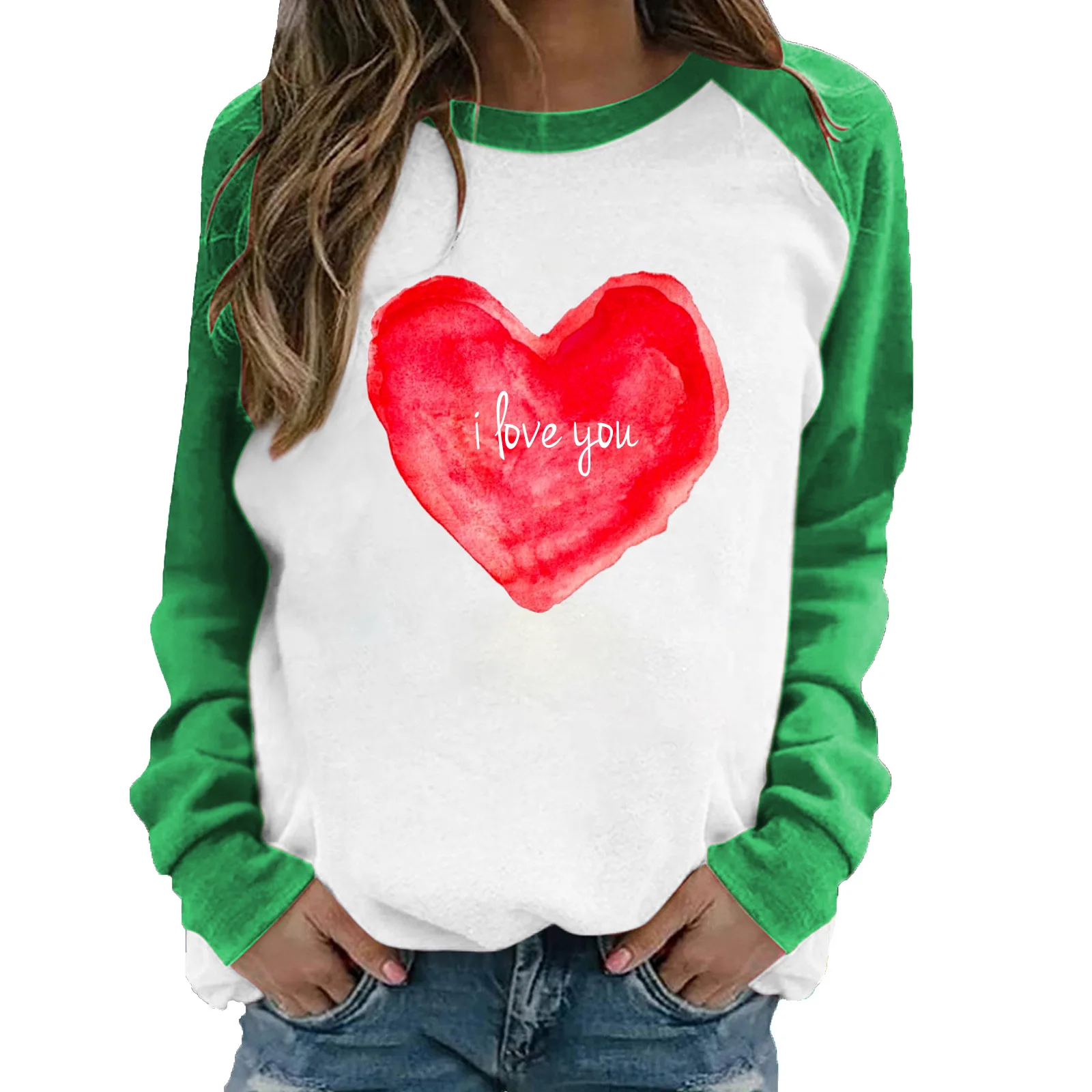 

Selling New Design Crew Neck Pullover Top Fashion Heart Print Long Sleeve T-shirt for Couple, As pictures