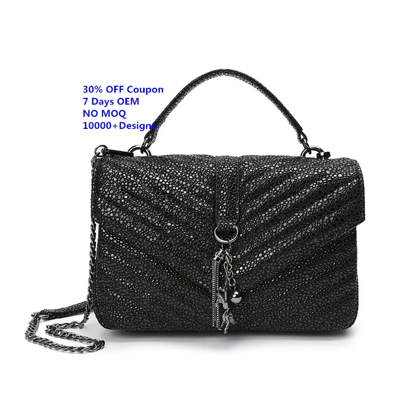 

China Supplier 2019 Stylish Caviar Cowhide Leather Clutch Messenger Bags Brand Chain Shoulder Handbags