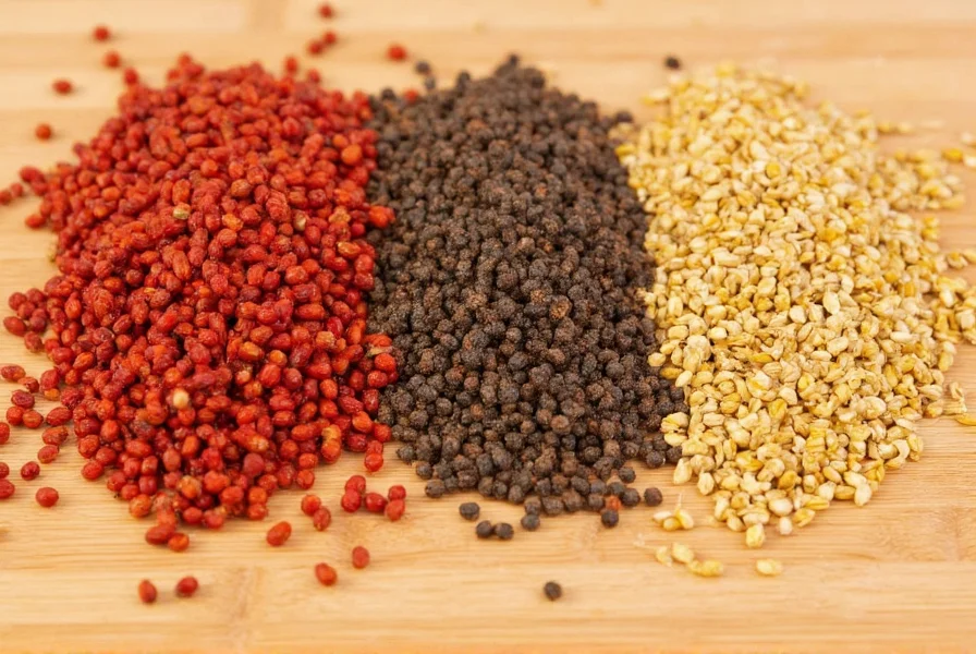 Close-up comparison of Szechuan peppercorns, black pepper, and coriander seeds on wooden cutting board