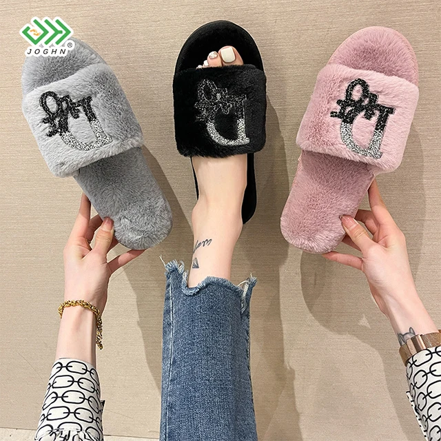 

Hairy Slippers Female Outer Wear 2021 Autumn and Winter Girls Heart Flat Open Toe Flip Flops Fashion Sandals Tide