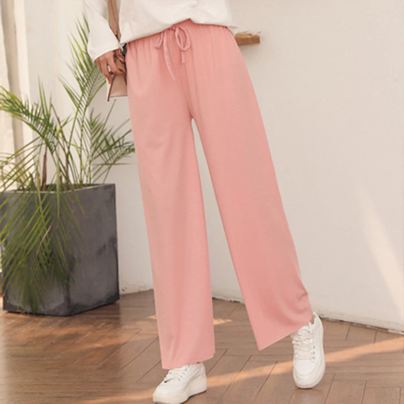 

Women Loose Leisure High Waists Pants Ice Silk Light Wide Leg Trousers Soft Comfort Ankle-Length Long Trousers