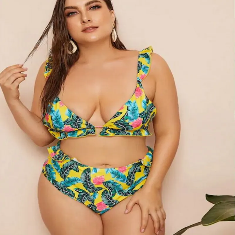 

Swimwear Of 2020 Floral Printing Widening And Enlarging Bikini With A Little Lace Bandage Split Swimsuit, As picture