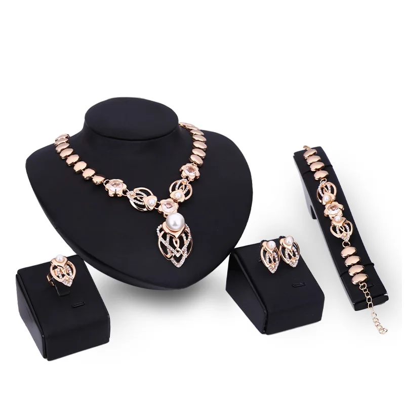 

VRIUA New African Fashion Wedding Gold Dubai Nigerian Women's Big Flowers Pearl Short Necklace Ring Charm Bride Jewelry Set