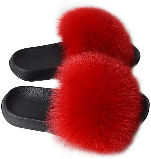 

Fluffy slippers women shoes sandal wide varieties fox fur slide big fox fur slides slippers, Customized color