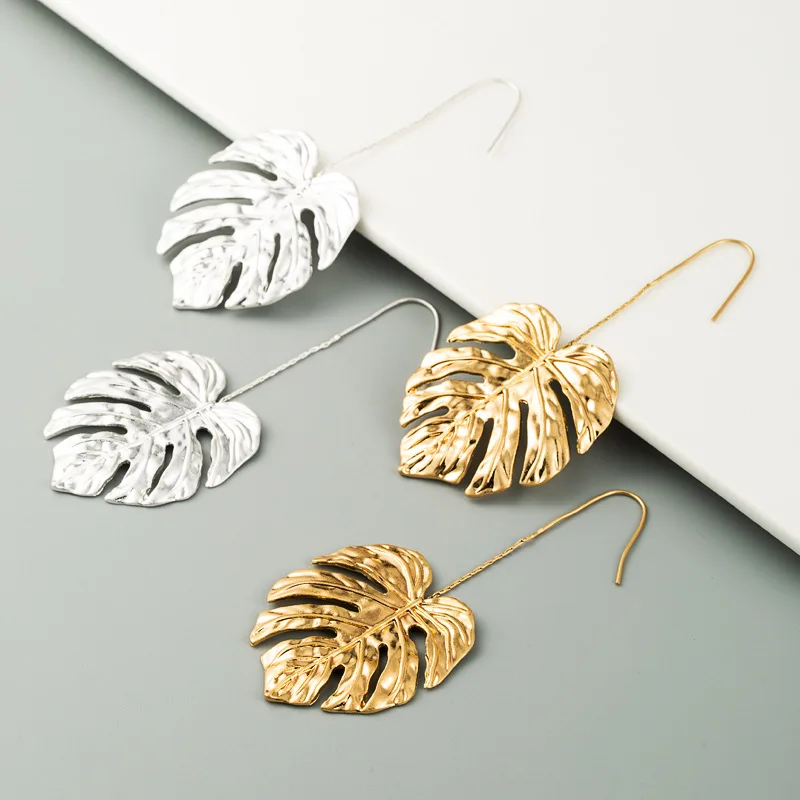 

KOMI Hawaiian New Style Retro Alloy Long Leaf Earrings European and American Hollow Gold Leaf Earrings Hoop Earrings Gold Plated, Gold,silver