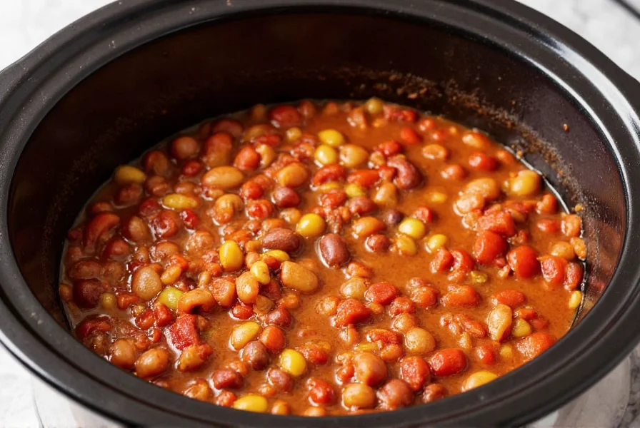 Slow cooker filled with vibrant vegetarian chili showing beans, tomatoes, and spices simmering