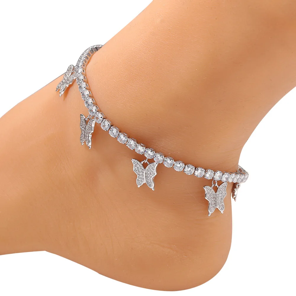 

women 2020 New hot Shiny Diamond Cuban Link butterfly cuban anklet, Fashion Tennis Bling Link Chain butterfly anklet wholesale, As is or customized