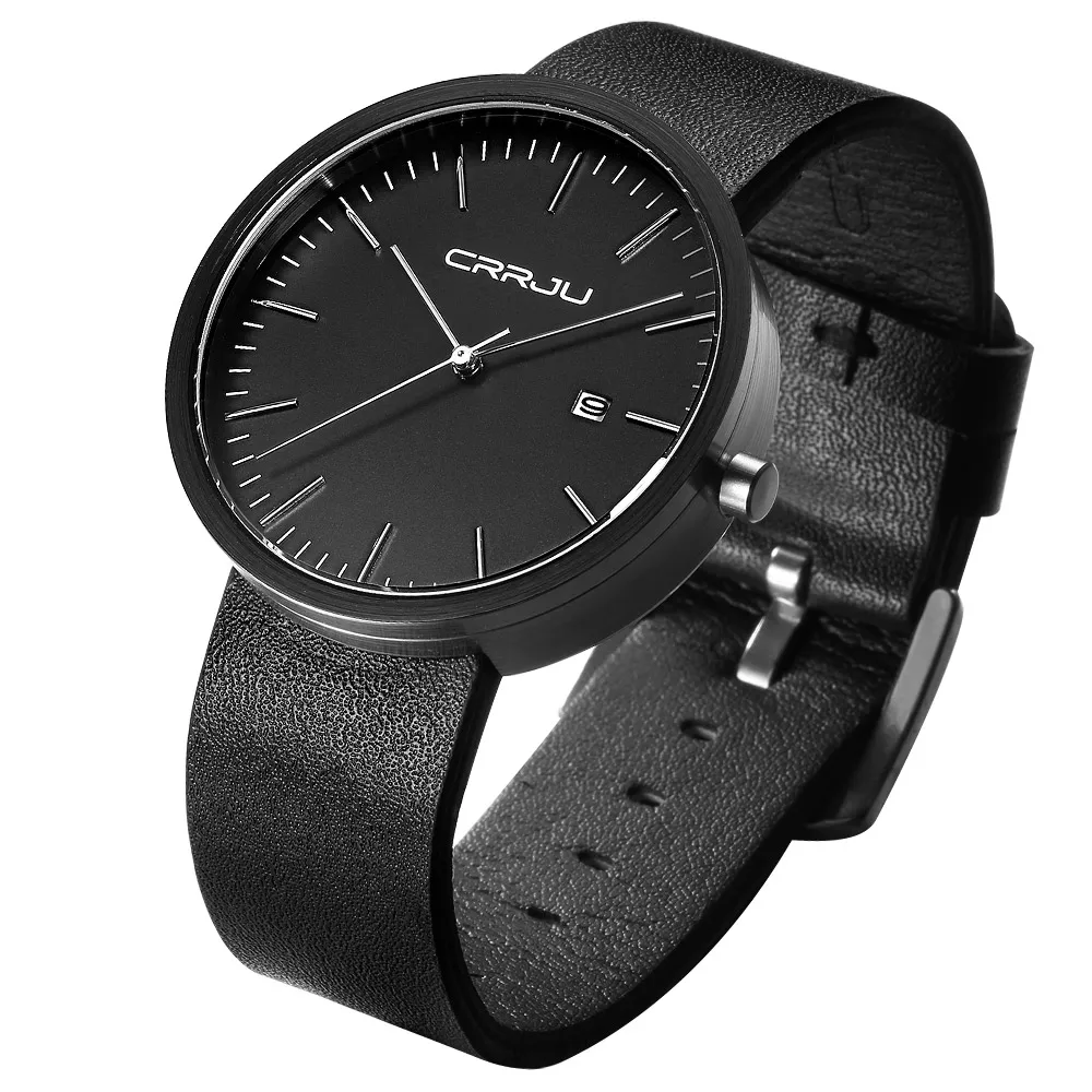 crrju生产日期模拟黑色真皮表带石英男士手表