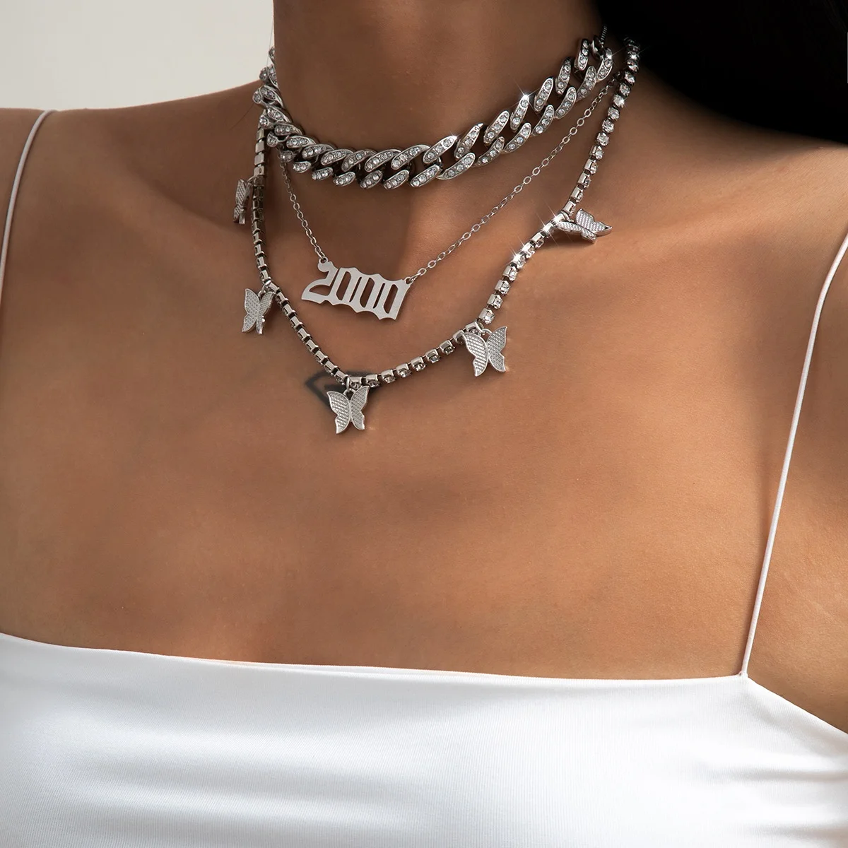 

Charm Butterfly Necklace Bling Iced Tennis Chain Choker 2000 Letter Pendant Collar Necklaces Jewelry Gift for Women Girls, Picture shows