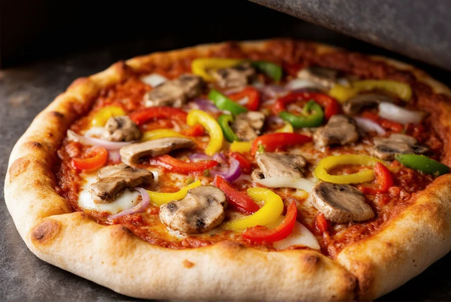 Freshly baked pizza topped with colorful bell peppers, onions, and mushrooms on stone oven