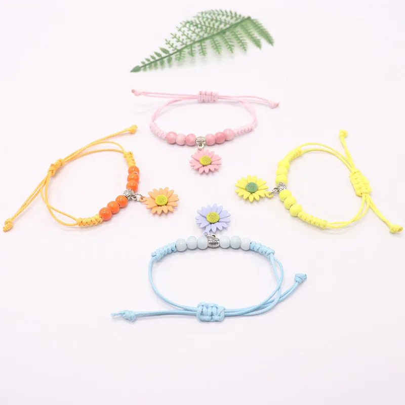 

Women Unisex Cheap Promotional Make Adjustable Rope Braided Handmade Beads Daisy Flower Charm String Cord Woven Rope Bracelet, Yellow,orange,blue,pink