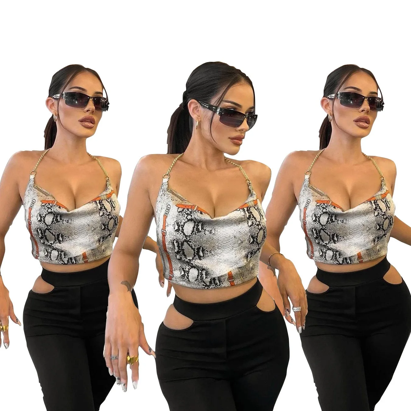 

2021 Summer fashion snakeskin ladies chain strap halter crop top sexy deep V backless tops fashionable, 1 color as picture