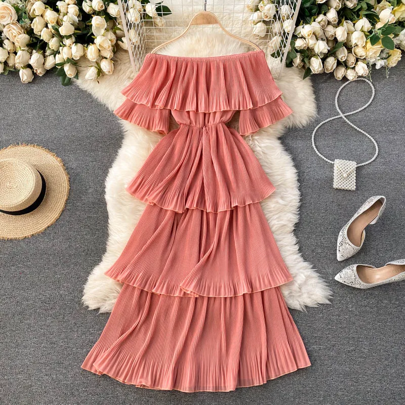 

2021 summer off shoulder dress high quality smooth material women korean dress, Grey