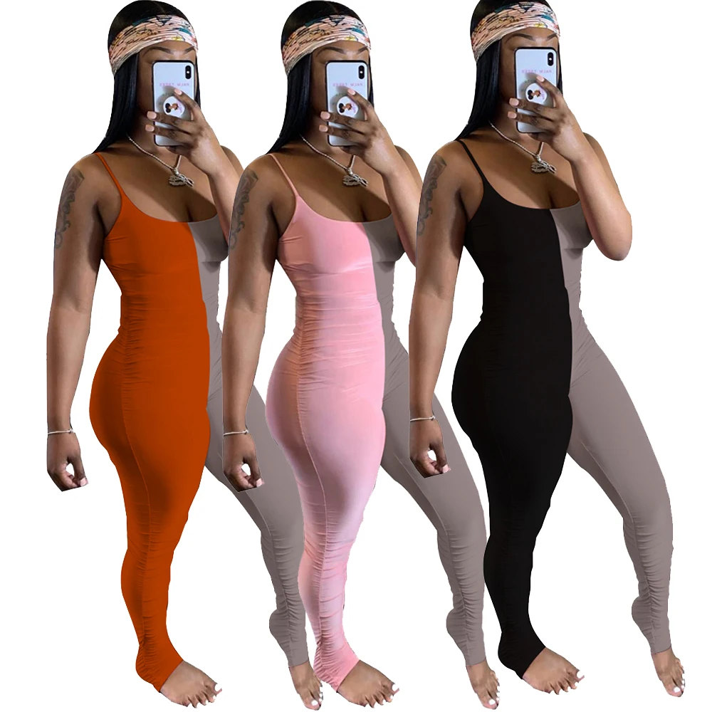 

XM-2090865 Wholesale Summer Fashion Slim Sexy Sleeveless Patchwork Two Color One Piece Bodycon stacked jumpsuits