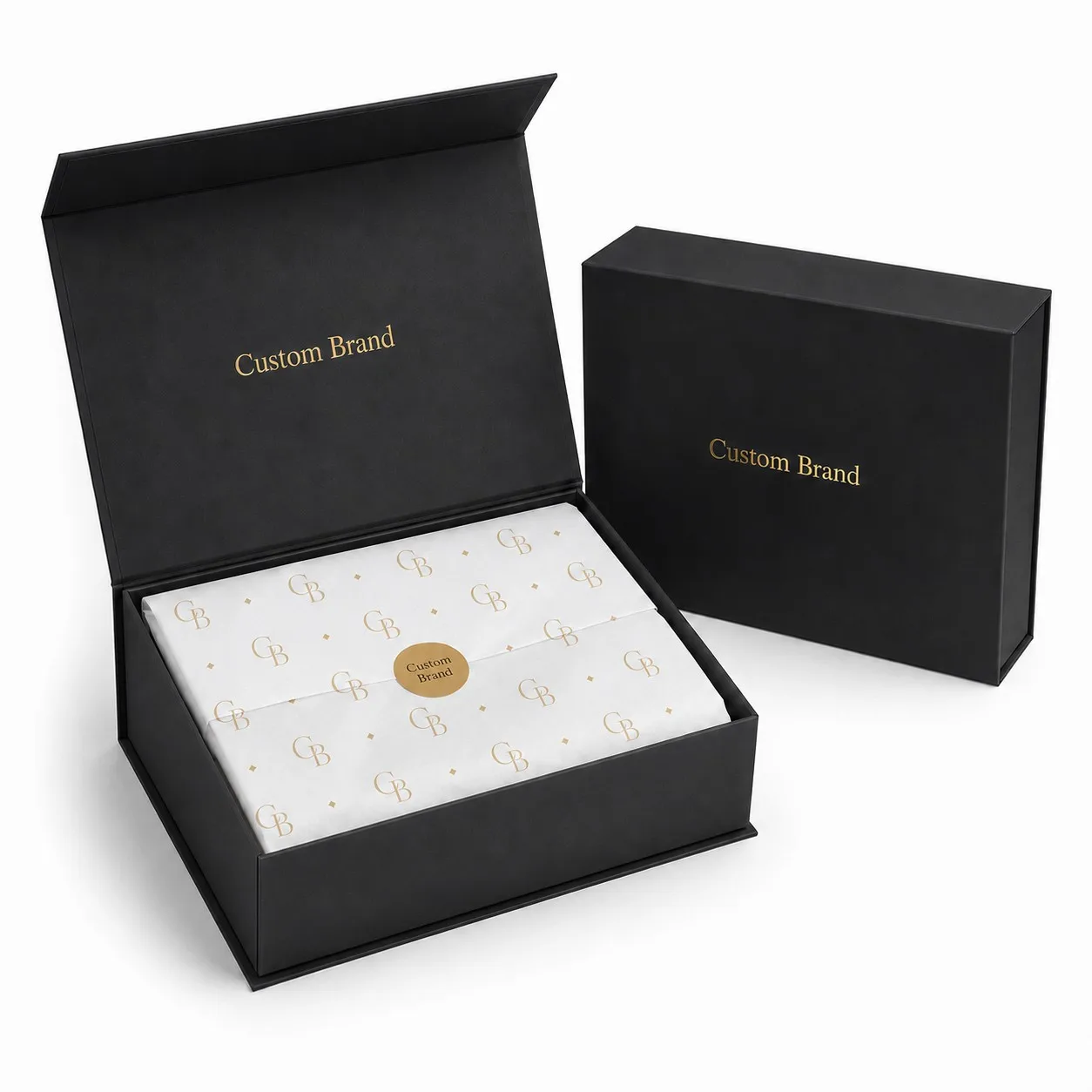 Custom black foldable magnetic gift box set with tissue paper and adhesive stickers