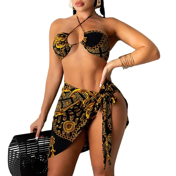 

Customize Wholesale Thong Sexy Dress Swimsuit 3 Piece Women Vintage Print Bathing Suit Bandage Swimwear Micro Bikini Designer
