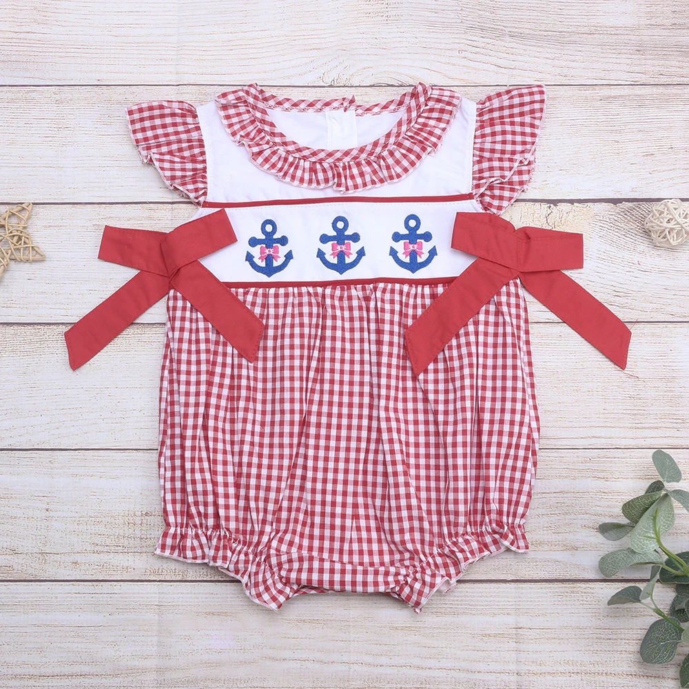 

2022 Hot Sale Baby Girls Romper the main color is red with three anchor patterns and a wavy pattern Girls romper, As the pic show