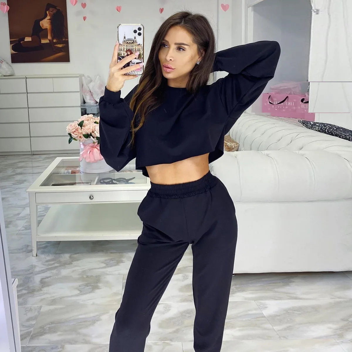 

s296a New 2020 autumn/winter women two piece set clothing, Black