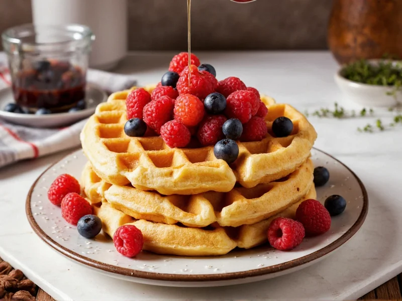 Stack of homemade waffles with berries and syrup