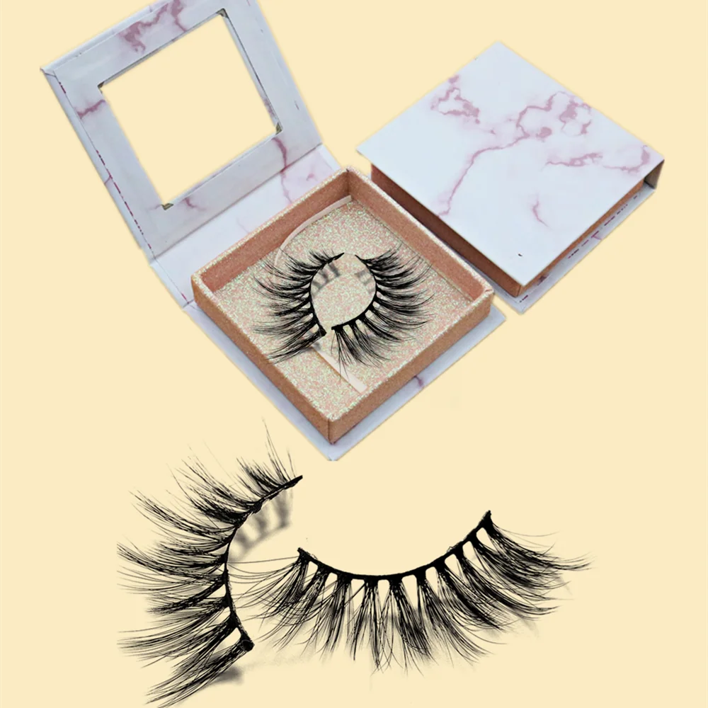 

Top quality 0.05 0.07mm synthetic fiber 3D Silk lashes Natural looking faux mink eyelashes in pink square marble box