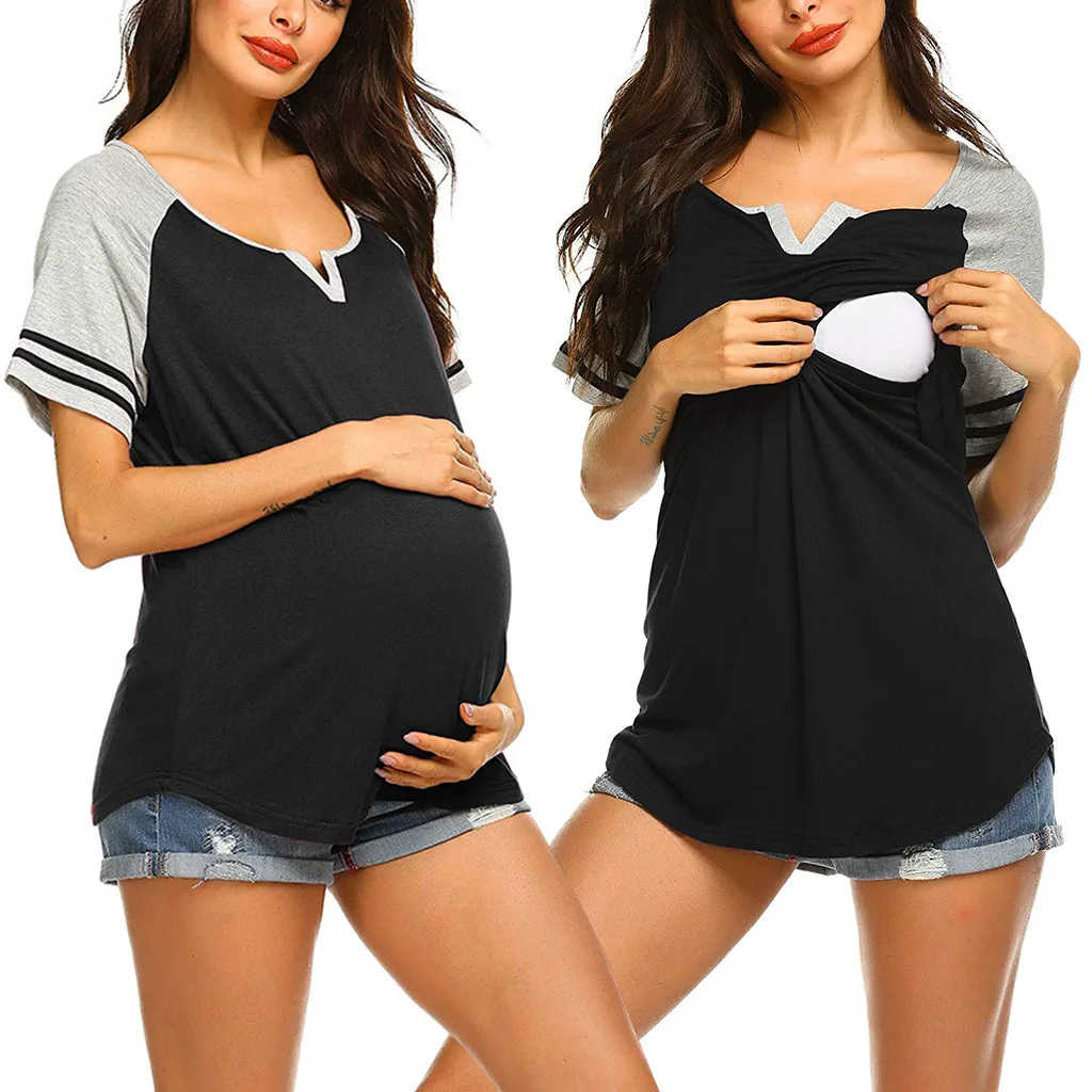 

Maternity tees nursing tops solid short sleeves T-shirt breastfeeding clothes scooped hem maternity t-shirt, Black navy