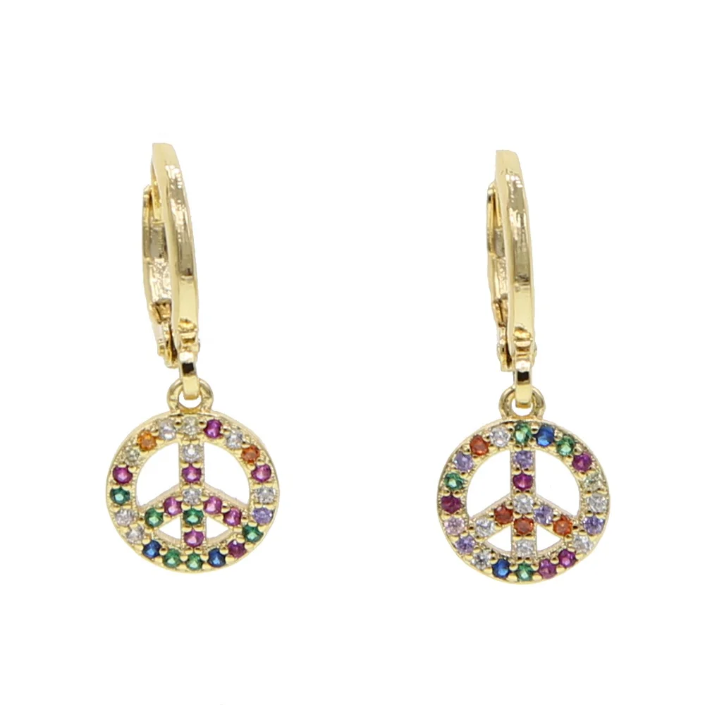 

Gold rainbow colorful cz fashion jewelry geometric peace sign charm hoop earring