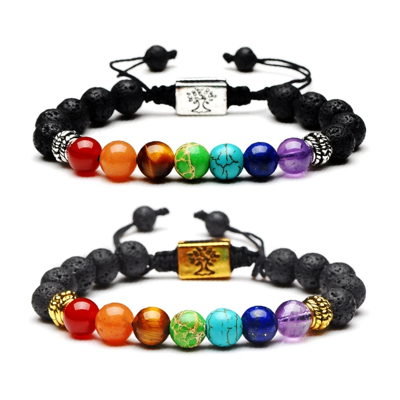 

Wholesale Women Men Real Genuine Natural Stone Beads Handmade Adjustable Braided Cord Yoga Healing 7 Chakra Bracelet, As picture