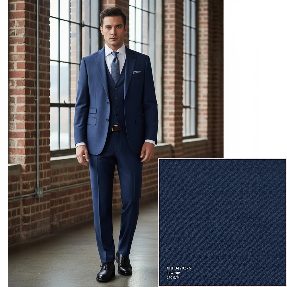 Classic Fashionable 30%W 70%P Worsted Merino Wool Woven Yarn Dyed Twill Suiting Fabric for Men's Suits Garments