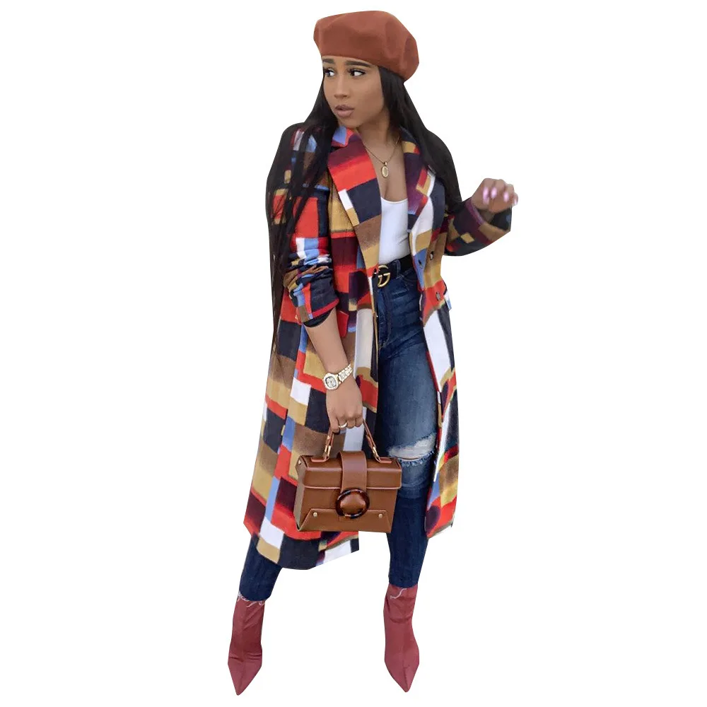 

New autumn and winter single - sided nylon long coat multi - color printed pattern lapel trench coat women clothing