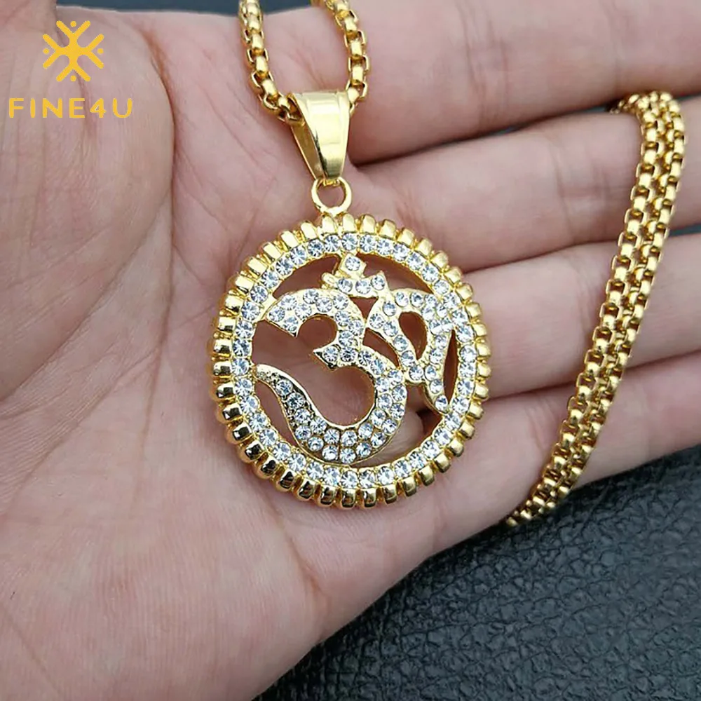 

Exotic Hip Hop Jewelry Stainless Steel Diamonds Ancient Indian Yoga Aum OM Symbol Gold Plated Custom Logo Pendant Necklace