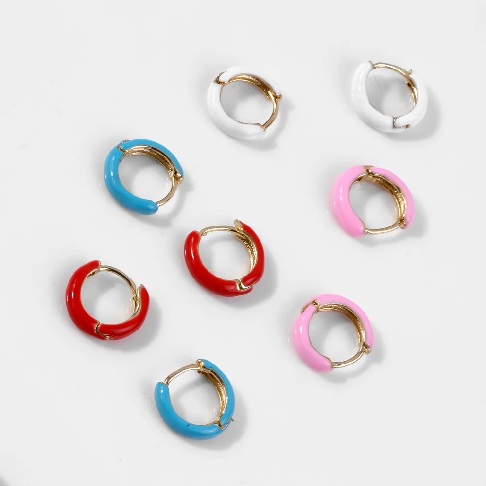 

Simple Design Gold Plated Colorful Enamel Circle Hoop Earrings Handmade Rainbow Colors Oil Drop Geometric Round Earrings